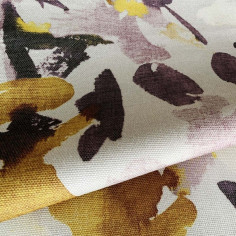 Tessuto Aquarel stampato con sfumature predominanti senape e melanzana 2