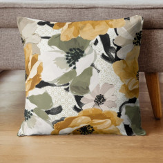 Tessuto stampato con fiore stilizzato su base beige spiccano le sfumature del giallo-paglia e verde 2