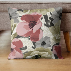 Tessuto stampato con fiore stilizzato su base beige spiccano le sfumature del verde grigio e rosa 2