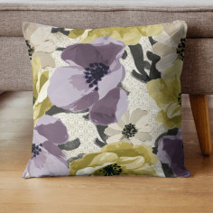 Tessuto stampato con fiore stilizzato su base beige spiccano le sfumature del verde-giallastro e melanzana 2